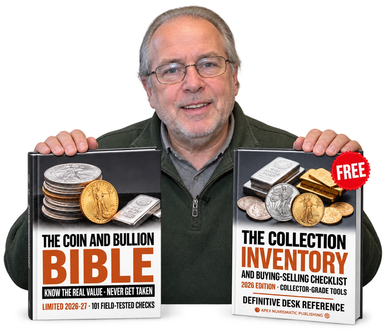 The Coin and Bullion Bible book cover with gold and silver coins